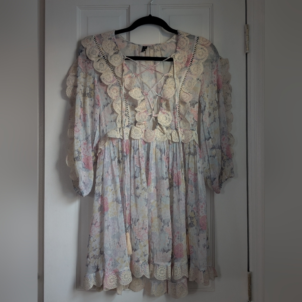 Studio Pink and Blue Casual Sundress with Bishop Sleeves